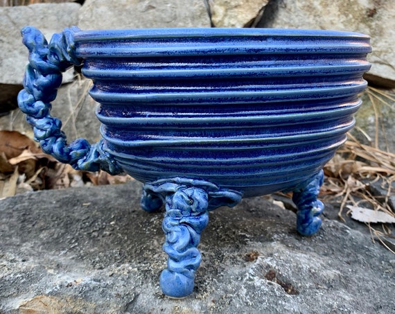 handled serving bowl in bright blue and white