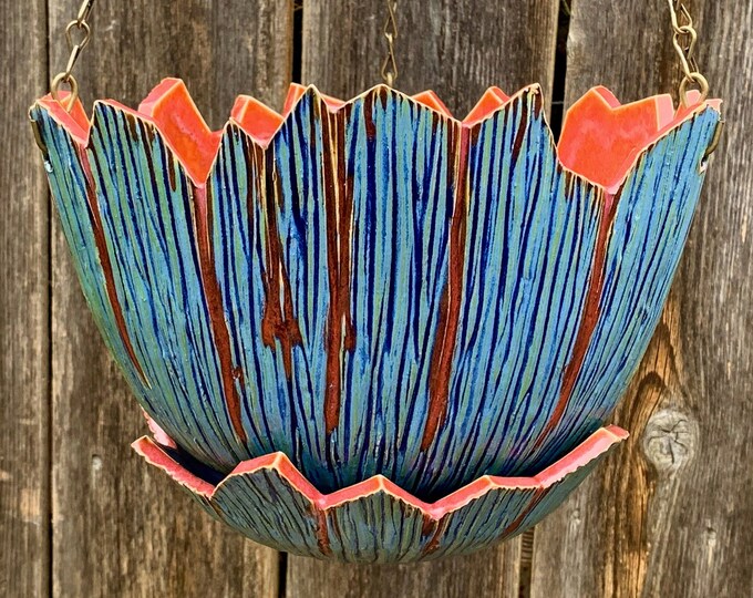 ceramic hanging planter in blue and plum