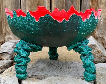 ceramic plant pot in turquoise and red