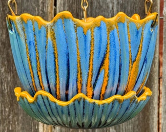 porcelain hanging house planter in blue and orange