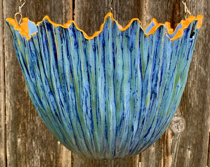 ceramic hanging pot in blue and orange