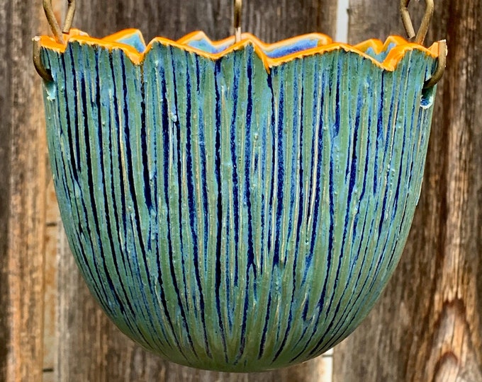 ceramic hanging pot in blue and orange