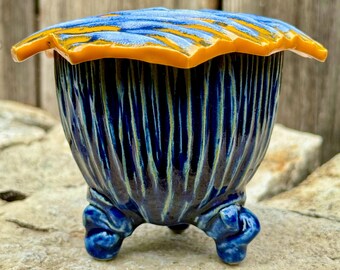 porcelain french butter dish in blue and orange