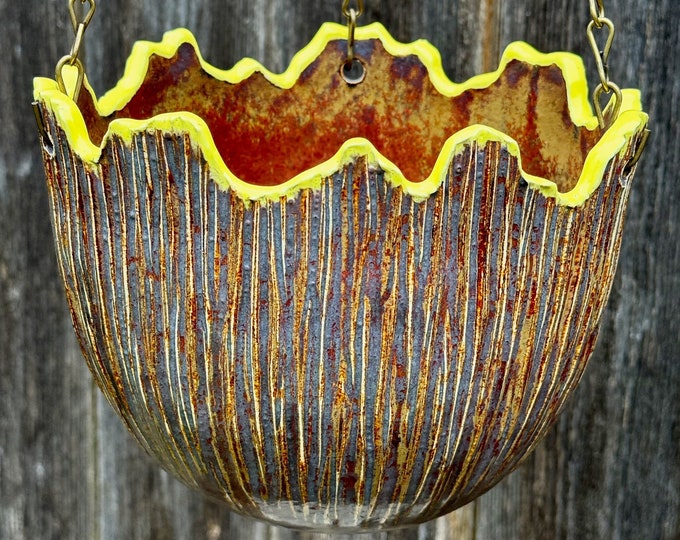 porcelain hanging pot in red, gray, and yellow