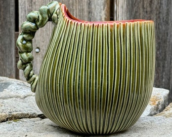 handmade whimsical porcelain mug in green and plum