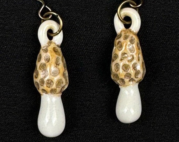 handmade porcelain morel mushroom earrings in brown, beige, and white