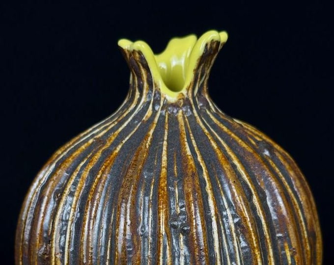 handmade porcelain bud vase in red, gray, and yellow
