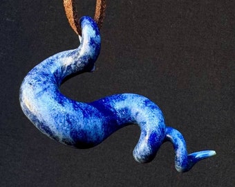 handmade porcelain squiggle pendant in satin blue