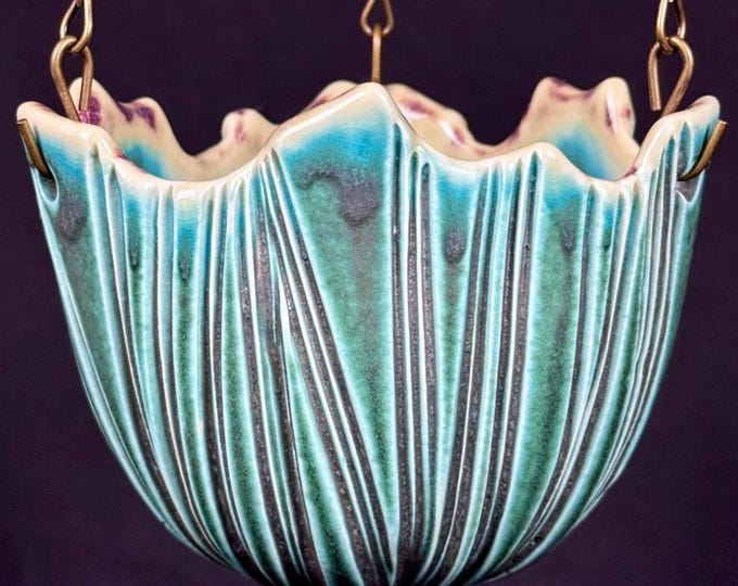 handmade porcelain hanging cache pot in turquoise and violet