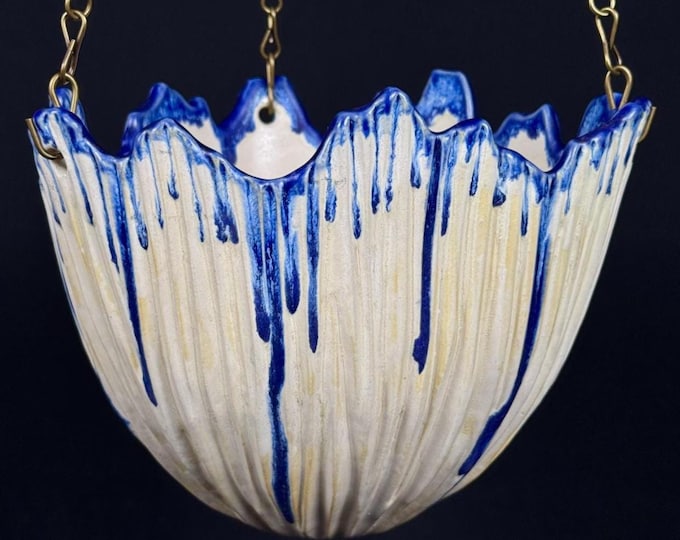 handmade porcelain hanging cache pot in white and blue