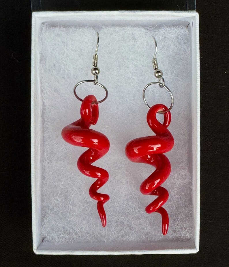handmade squiggly organic viney porcelain squiggle hanging earrings glazed glossy red with stainless steel findings
