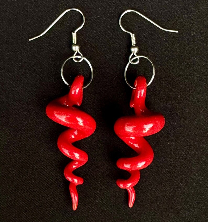 handmade squiggly organic viney porcelain squiggle hanging earrings glazed glossy red with stainless steel findings