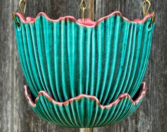 porcelain hanging house planter in turquoise green and red