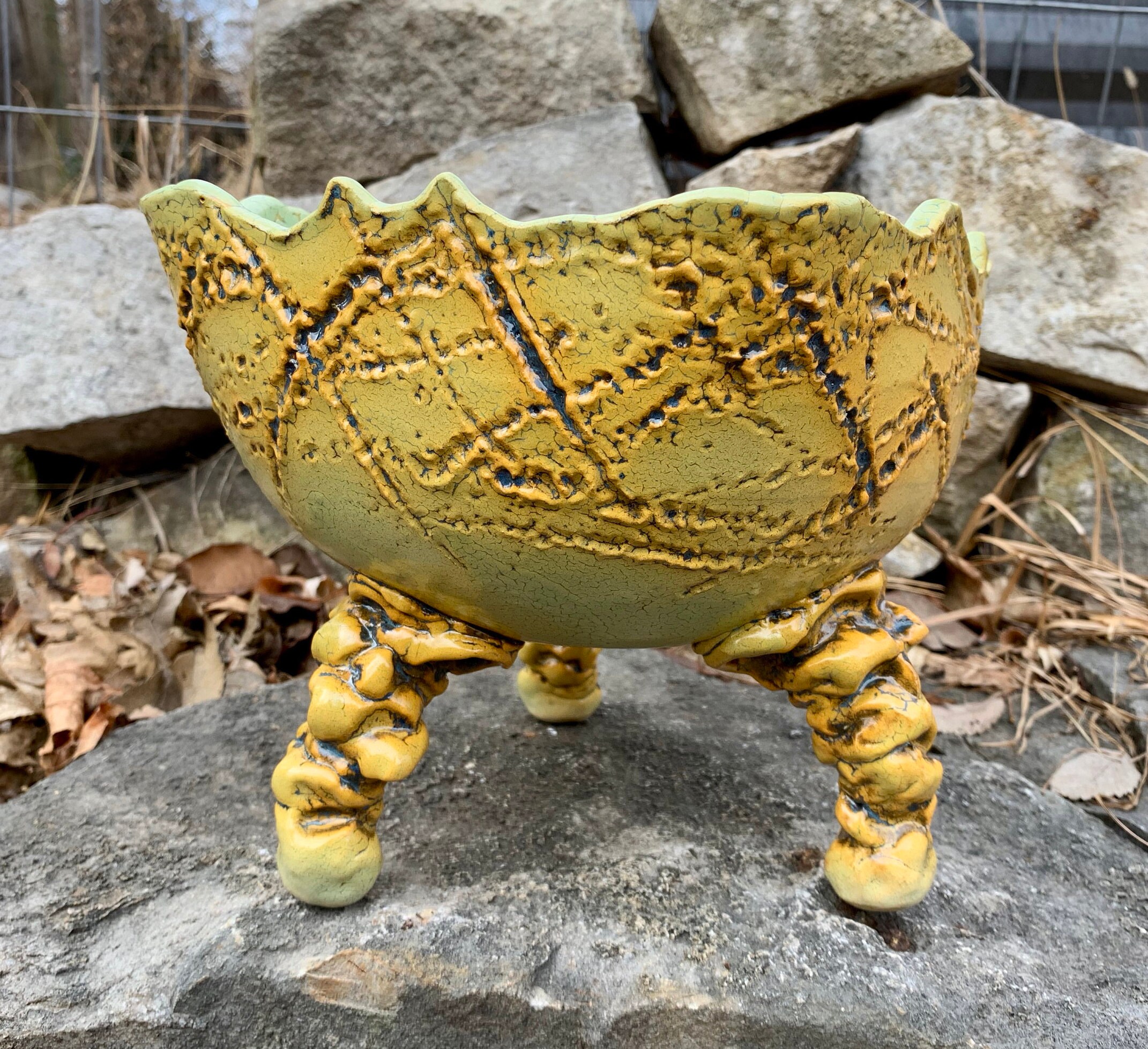 ceramic plant pot or bonsai tray in golden yellow, black