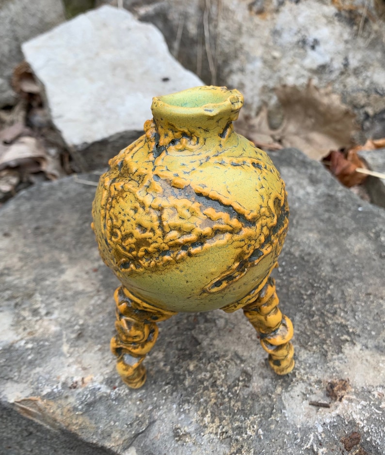 melon green and black small ceramic bud vase in golden yellow