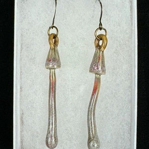 handmade porcelain psilocybin earrings glazed in sage gray purple and pink glazes, antique bronze plated brass findings