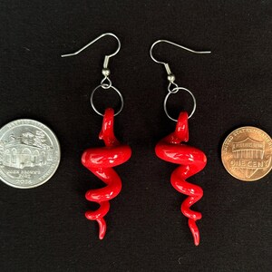 handmade squiggly organic viney porcelain squiggle hanging earrings glazed glossy red with stainless steel findings