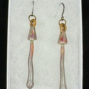 handmade porcelain psilocybin earrings glazed in sage gray purple and pink glazes, antique bronze plated brass findings