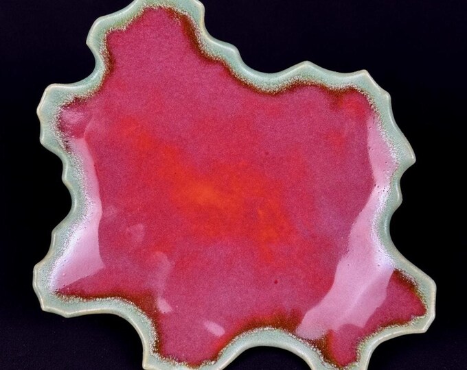 medium handmade porcelain plate in green and magenta