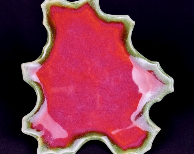 small handmade porcelain plate in green and magenta