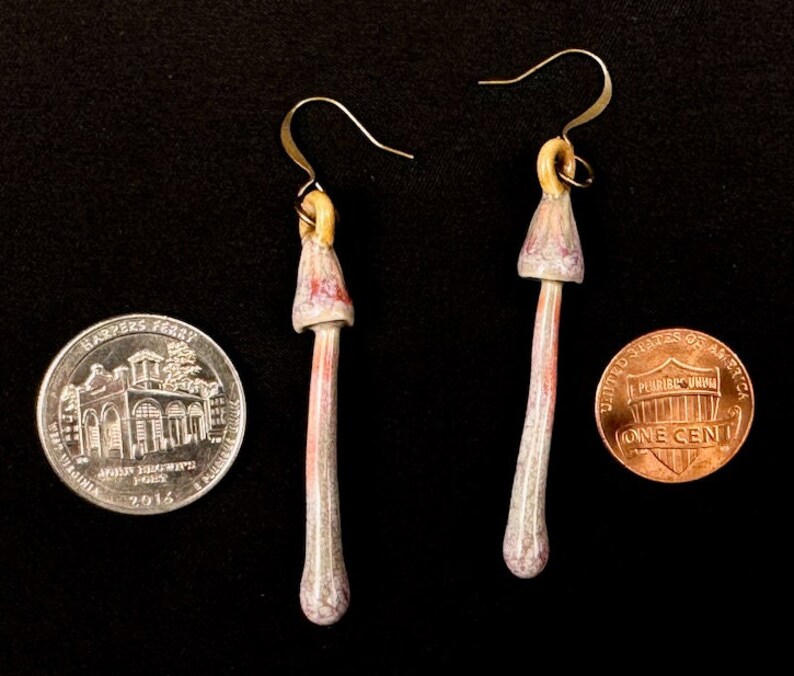 handmade porcelain psilocybin earrings glazed in sage gray purple and pink glazes, antique bronze plated brass findings