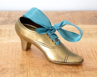 Edwardian Brass Shoe Figurine with Teal Ribbon: 1970s Vintage Boudoir Decor, Trinket Dish