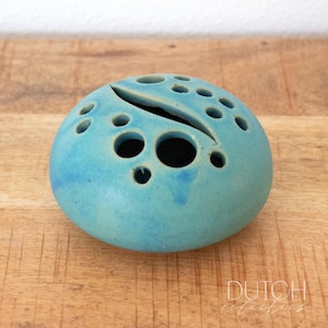Ceramic Flower Frog Vase, Aqua Blue Lightly Speckled Glazing, Vintage Ikebana Vase For Japanese Floral Arrangements, Handmade Pottery Item
