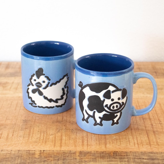 Vintage Mug Set with Farm Animals: Chicken & Pig, 1990s Made in England, Just Mugs