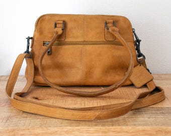 Vintage Ochre Yellow Leather Cross Body Handbag: Dutch Bear Bags, Cognac Color
