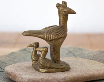 Antique Small Bronze Bird with Chicks Figurine: African Secretarybird, Old Weight, Collectors Item
