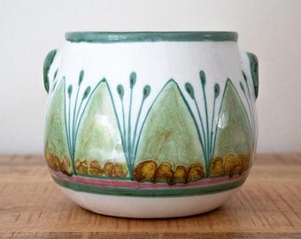 Vintage Portuguese Ceramic Planter Pot: Hand Painted & Signed Folk Art Pottery