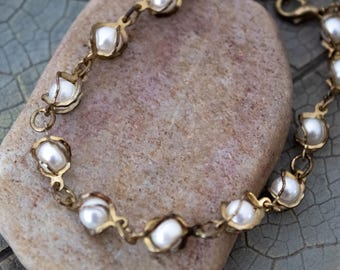 Vintage Gold Toned Metal Wrapped Pearl Bracelet: MVX Brand Signed, Pre Owned Jewelry Piece