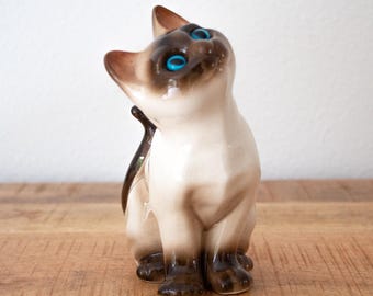 Vintage Porcelain Siamese Cat Figurine with Blue Eyes: 1980s Vaga International Ceramics
