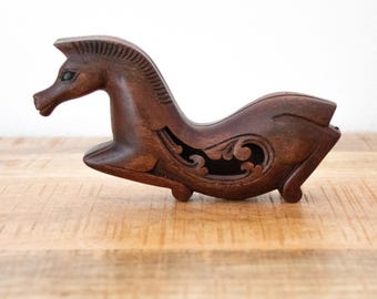Vintage Hand Carved Wooden Horse Trinket Box: Equestrian Theme Sculpture, Rare Unique Item