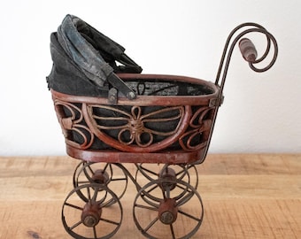 Antique Victorian Style Dolls Pram: Wicker Toy Stroller, Vintage Nursery Decor
