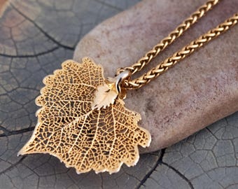 Vintage Gold Tone Leaf Skeleton Pendant, 18k Gold Plated Chain Necklace: Pre Owned Jewelry