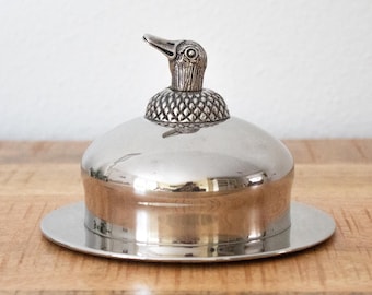 Vintage Silver Plated Butter Dish with Duck Head: Old Swedish Butter Mold