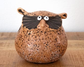 Ceramic Brown Owl Figurine: Stone Bird Sculpture, Pottery Artwork, Pre Owned Vintage