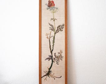 Vintage Framed Cross Stitch Field Flower & Butterfly Artwork: Needlework Embroidery Wall Hanging