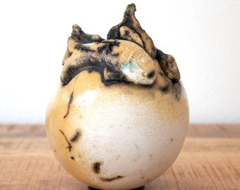 Abstract Ceramic Ball with Fish Design: Vintage Artisan Hobbyist Piece