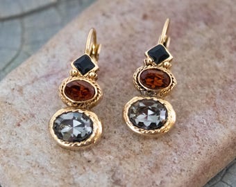 Vintage Une Ligne Paris Earrings: Black, Brown & Clear Crystal Stones in Gold Tone Metal