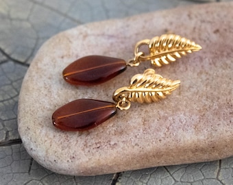 Vintage Gold Tone Metal Leaf Earrings with Amber Colored Acrylic Dangle Beads