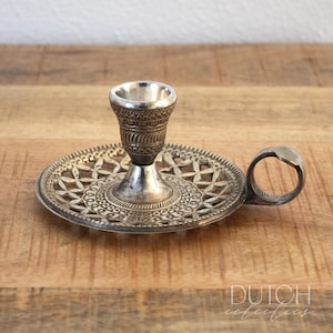 Silver Plated Candlestick Holder, Vintage Chamberstick With Patina, Ornate Patterned Base, Home Decor