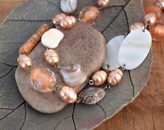 Vintage Double Stranded Beaded Necklace: Soft Orange Acrylic & Mother of Pearl Beads