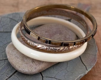 Set of 3 Vintage Boho Bangle Bracelets: Made of Metal, Camel Bone, Brass & Plastic