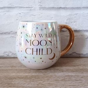 Stay Wild Moon Child Celestial Moon-mugg, keramisk te- och kaffekopp, astrologi-stjärnteckeninspirerad design, mystisk köksgåva, skimrande