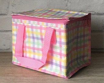 Rosa Pastell kariert Girly Mädchen wiederverwendbare, isolierte Kinder Erwachsene Kühltasche Lunchbag Lebensmittelbeutel Box Boxen faltbar unterwegs Picknick Reisende