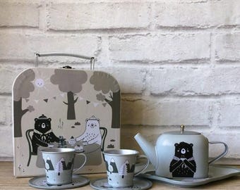 Bear Kids Tea for 2 Set Children Tin Tea Coffee Set Tea Party Set High Quality Carry Case Set Children's Birthday Present Kids Boys Gift