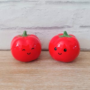 Peut inclure: Deux salières et poivrières en céramique rouge en forme de tomate avec des visages souriants. Chaque salière a une tige verte et de petits trous pour la distribution. Les salières sont sur une surface en bois clair contre un mur de briques blanches.