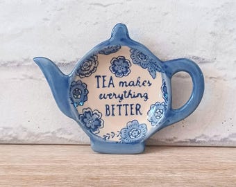 Organizador de bolsitas de té con diseño floral azul, soporte para platos, regalo para el Día de la Madre, regalo para la hermana, almacenamiento de cocina, regalo de inauguración de la casa, positividad